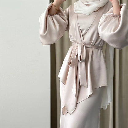 Satin Plain 2-Piece Abaya Set – Elegant Modest Clothing Kaftan Robe