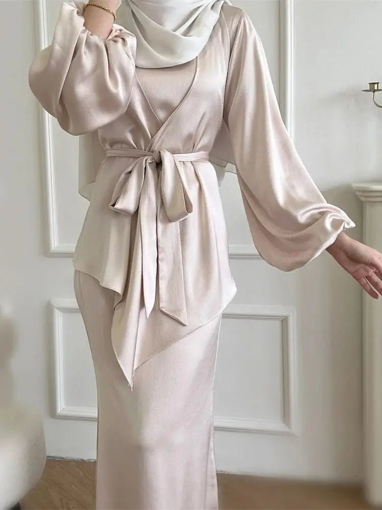 Satin Plain 2-Piece Abaya Set – Elegant Modest Clothing Kaftan Robe