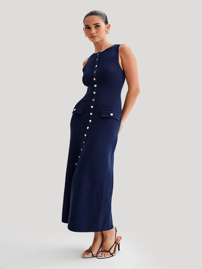 Knitted Single Breasted Long Dress - Sleeveless Bodycon Party Dress