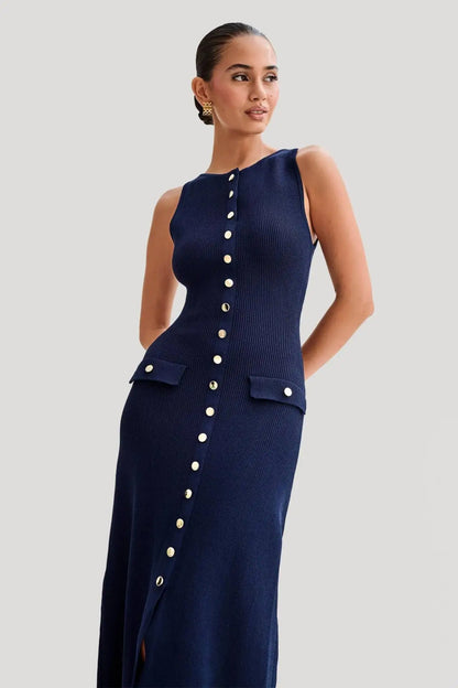 Knitted Single Breasted Long Dress - Sleeveless Bodycon Party Dress
