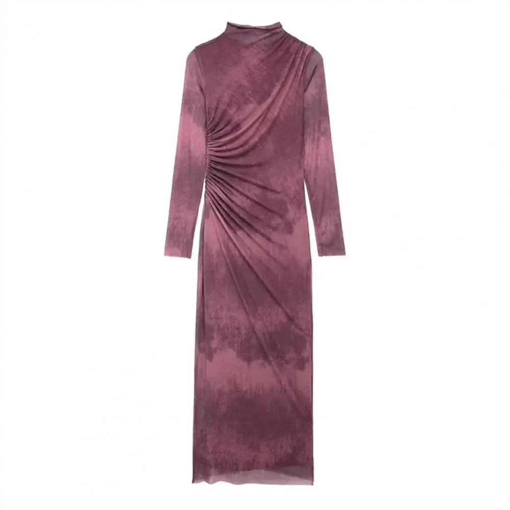 Elegant Pleated Midi Dress for Women - Slim Fit Solid Color Long Sleeve Design with Half-High Collar