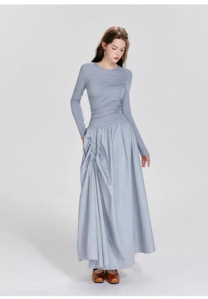 Ballet Style Round Neck Dress – Pleated Long Sleeved Fit & Flare Dress