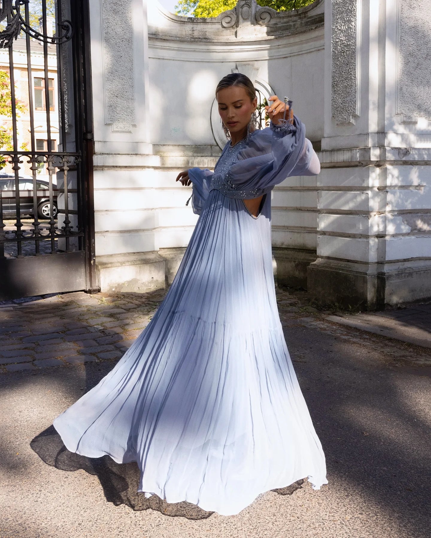 Pleated Puff Sleeve Maxi Dress – V-Neck, A-Line Silhouette