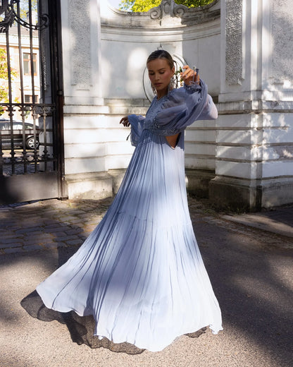 Pleated Puff Sleeve Maxi Dress – V-Neck, A-Line Silhouette