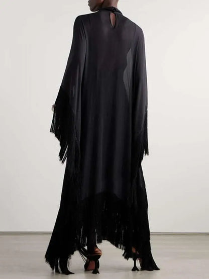 See-Through Tassel Party Dresse Batwing Sleeves Solid Color High-Neck Two Piece Set Dress