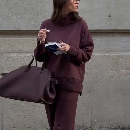 Knitted Solid Women Sweater Set – High Waist Wide Leg Pants & Casual High Collar Pullover Suit