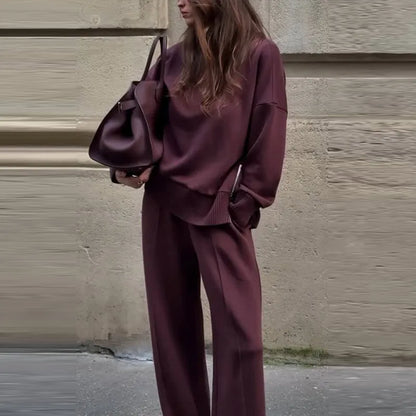 Knitted Solid Women Sweater Set – High Waist Wide Leg Pants & Casual High Collar Pullover Suit