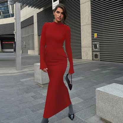 Maxi Dress High Waist Pocket Solid Long Dress