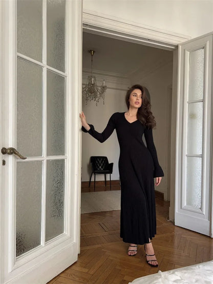V-Neck Ribbed Knitwear Ruffled Slim Bodycon Maxi Dress