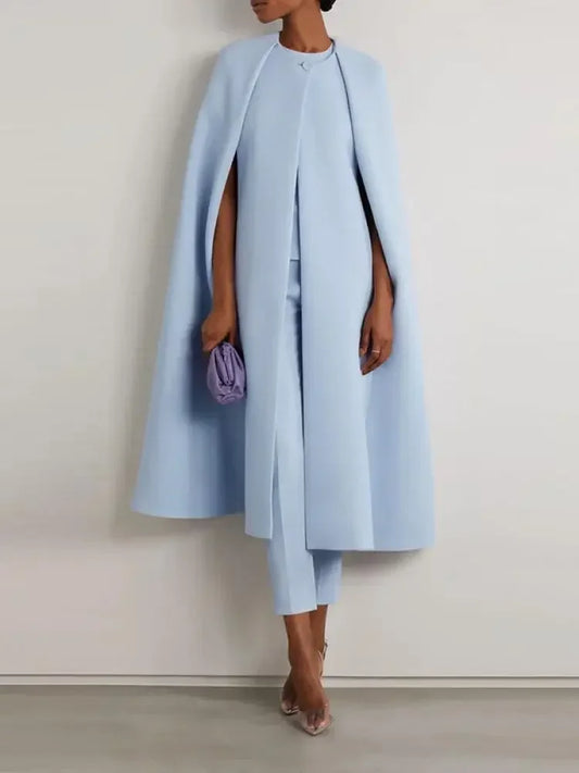Elegant Cap Sleeve Cape Coat & High-Waisted Pants Two-Piece Set