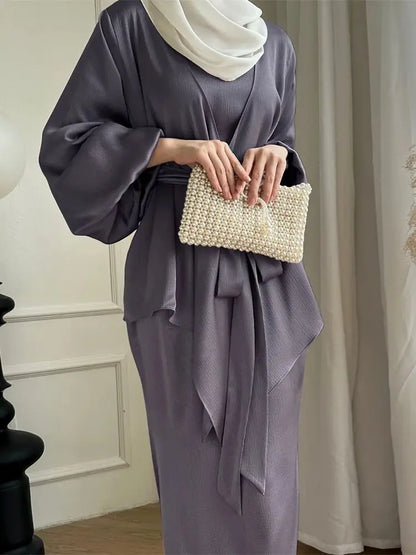 Satin Plain 2-Piece Abaya Set – Elegant Modest Clothing Kaftan Robe