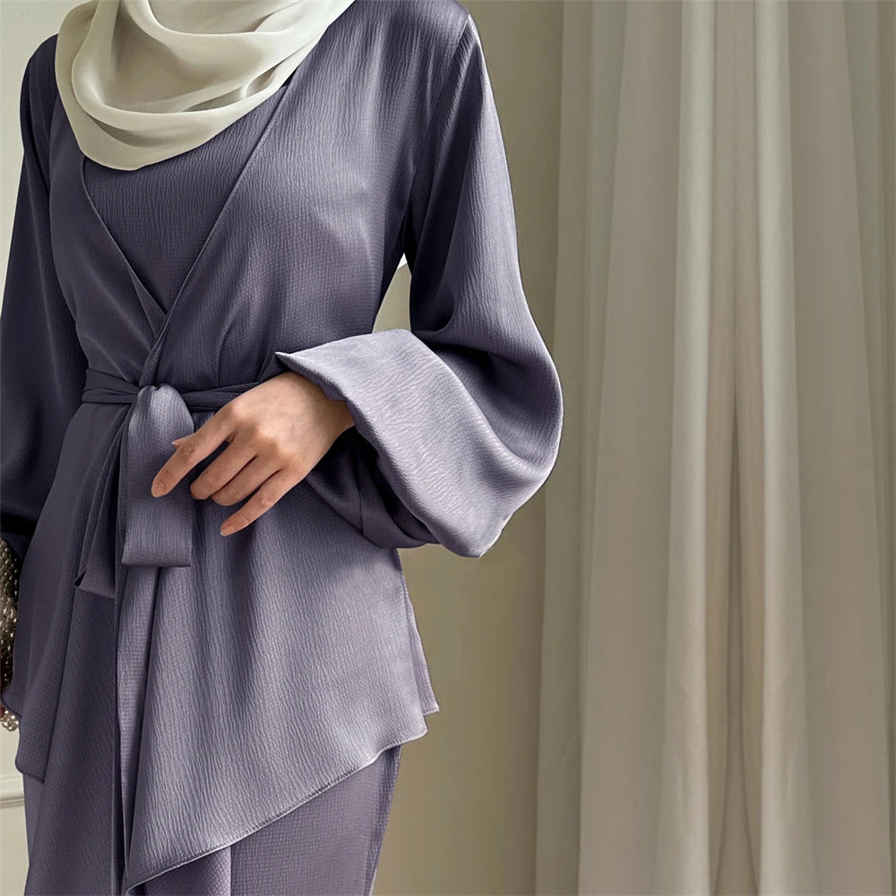Satin Plain 2-Piece Abaya Set – Elegant Modest Clothing Kaftan Robe