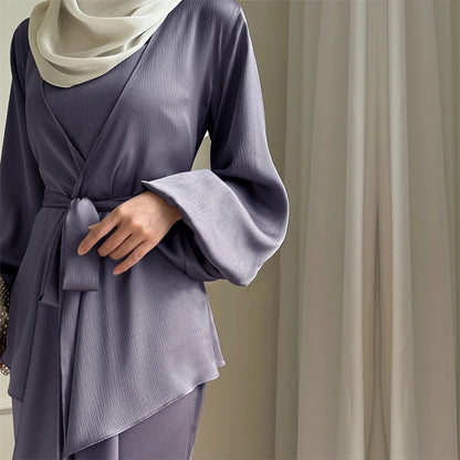 Satin Plain 2-Piece Abaya Set – Elegant Modest Clothing Kaftan Robe