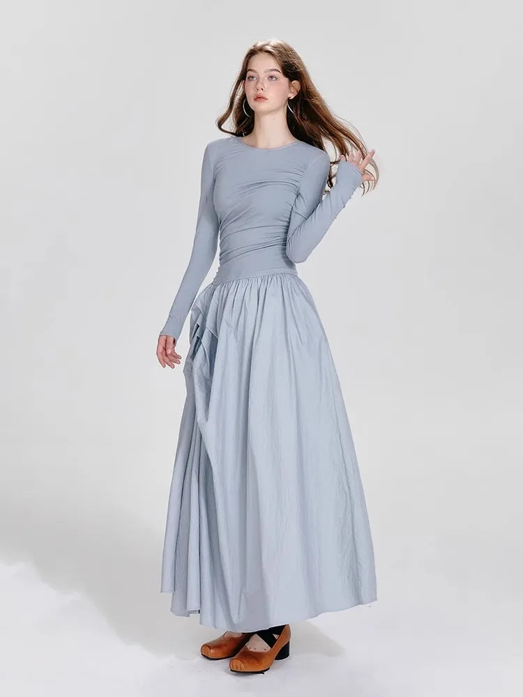 Ballet Style Round Neck Dress – Pleated Long Sleeved Fit & Flare Dress