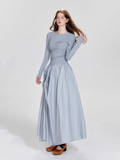 Ballet Style Round Neck Dress – Pleated Long Sleeved Fit & Flare Dress