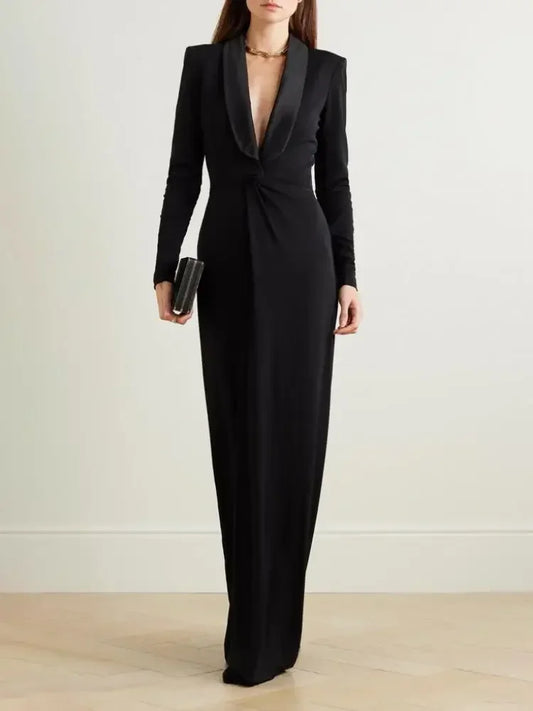 Solid Black Deep V-Neck Maxi Dress – Long Sleeve, High Waist, Slim Fit