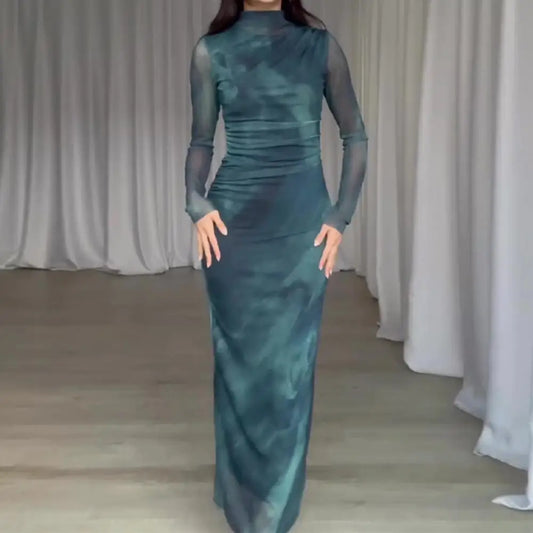 Elegant Pleated Midi Dress for Women - Slim Fit Solid Color Long Sleeve Design with Half-High Collar