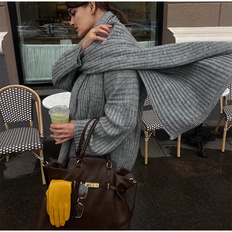 Knitted Pants Suit for Women – Scarf Collar Long Sleeve Sweater and Wide Leg Pants Two-Piece Set