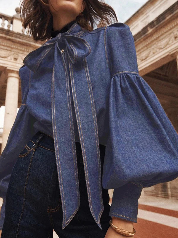 Elegant Puff Sleeve Denim Blouse