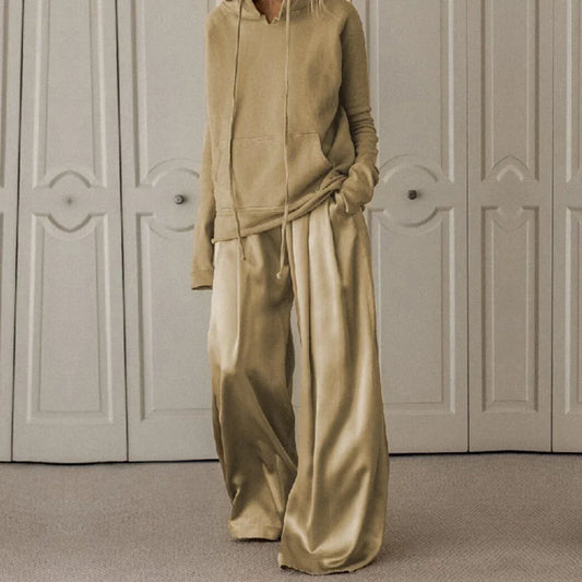 High Waist Wide Leg Pants & Long Sleeves Hooded Sweatshirt Loose Fit Two-Piece Set for Women