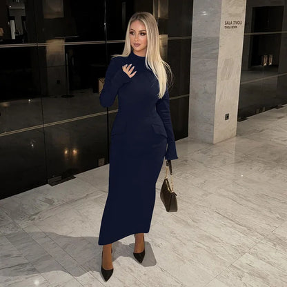 Maxi Dress High Waist Pocket Solid Long Dress
