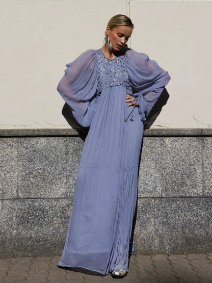 Pleated Puff Sleeve Maxi Dress – V-Neck, A-Line Silhouette