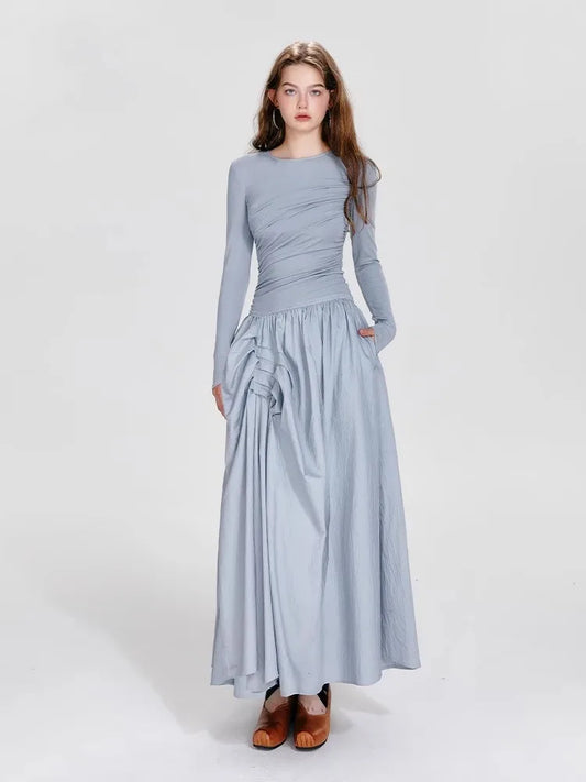 Ballet Style Round Neck Dress – Pleated Long Sleeved Fit & Flare Dress