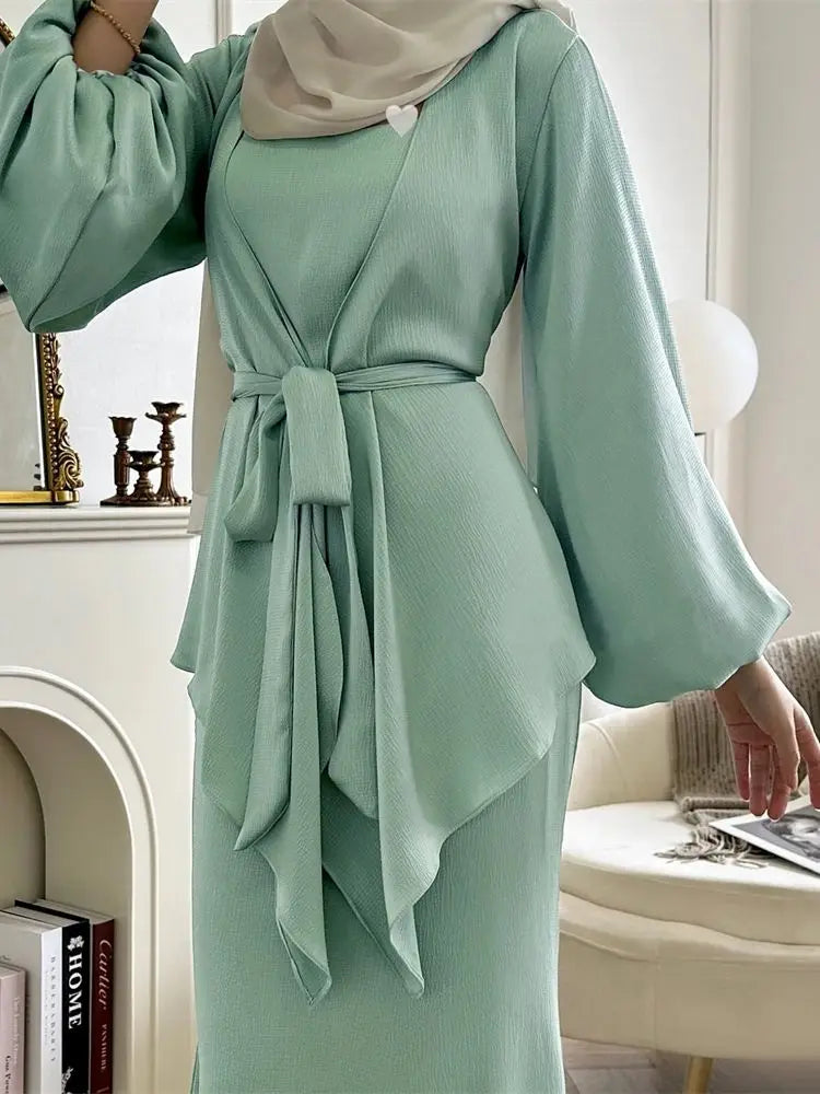 Satin Plain 2-Piece Abaya Set – Elegant Modest Clothing Kaftan Robe