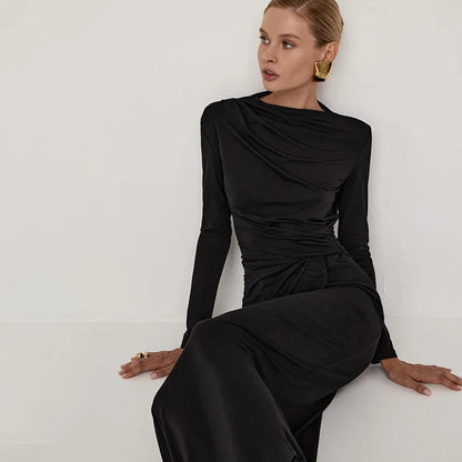 Pleated Slim Fashion Maxi Dress – Elegant High Waist Long Sleeve Bandage Dress