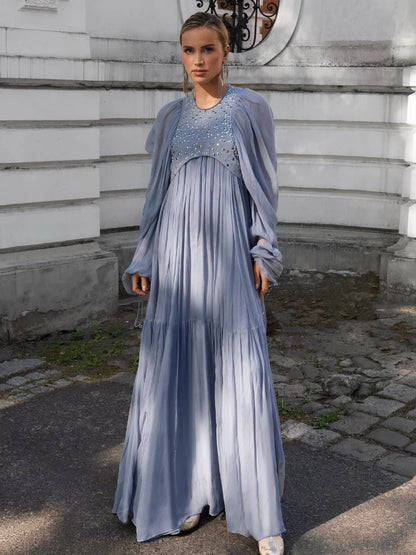 Pleated Puff Sleeve Maxi Dress – V-Neck, A-Line Silhouette
