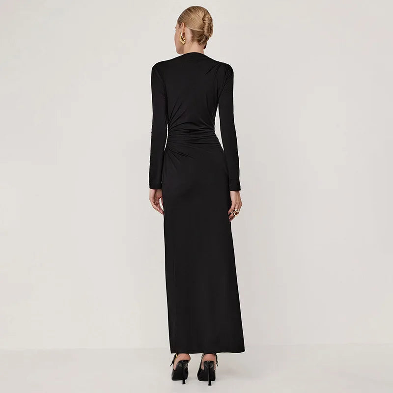 Pleated Slim Fashion Maxi Dress – Elegant High Waist Long Sleeve Bandage Dress