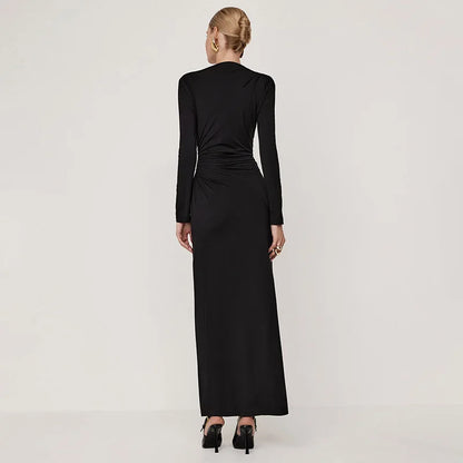 Pleated Slim Fashion Maxi Dress – Elegant High Waist Long Sleeve Bandage Dress