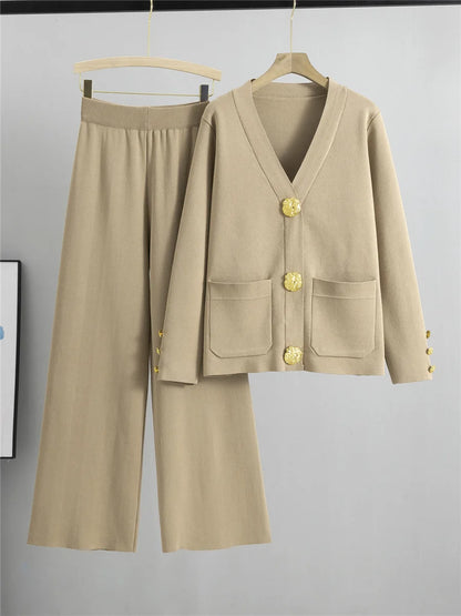 Knitted 2-Piece Set – V-Neck Cardigan Top & High Waist Wide Leg Pants