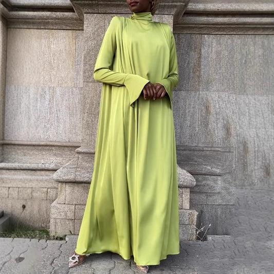 Turtleneck Long Dress – Solid Color Loose Flare Long Sleeve Maxi Dress