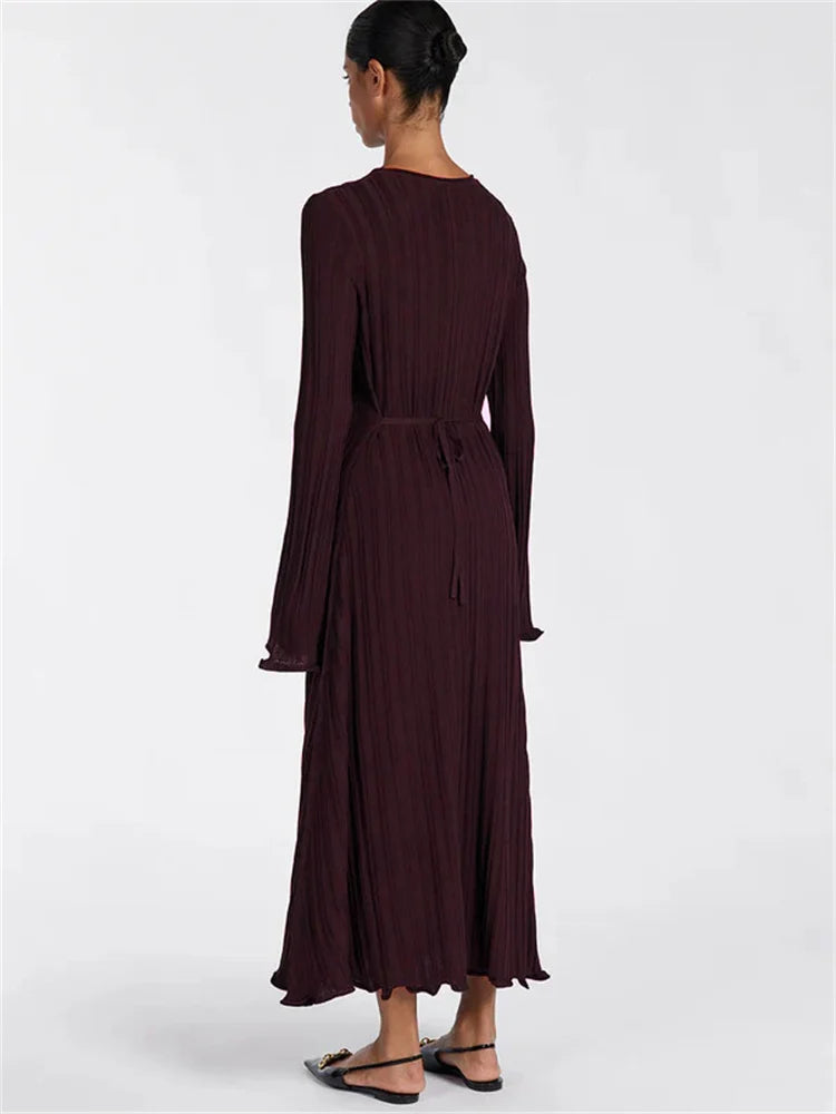 Loose Maxi Dress for Women – Lace-Up High Waist Ribbed Long Sleeve Knit Bandage Dress