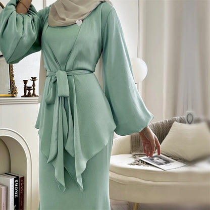 Satin Plain 2-Piece Abaya Set – Elegant Modest Clothing Kaftan Robe