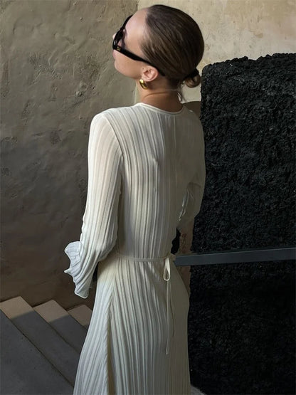 Loose Maxi Dress for Women – Lace-Up High Waist Ribbed Long Sleeve Knit Bandage Dress