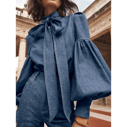 Elegant Puff Sleeve Denim Blouse
