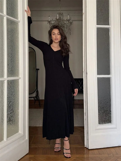 V-Neck Ribbed Knitwear Ruffled Slim Bodycon Maxi Dress