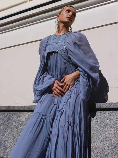 Pleated Puff Sleeve Maxi Dress – V-Neck, A-Line Silhouette