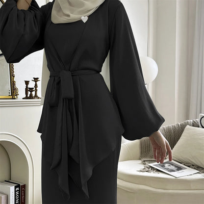 Satin Plain 2-Piece Abaya Set – Elegant Modest Clothing Kaftan Robe