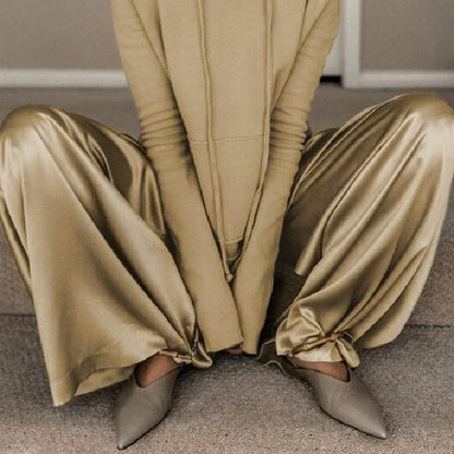 High Waist Wide Leg Pants & Long Sleeves Hooded Sweatshirt Loose Fit Two-Piece Set for Women