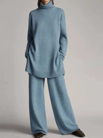 Solid Color Long Pants Set – Loose Turtleneck Pullover & Wide Leg Trousers Two-Piece Set
