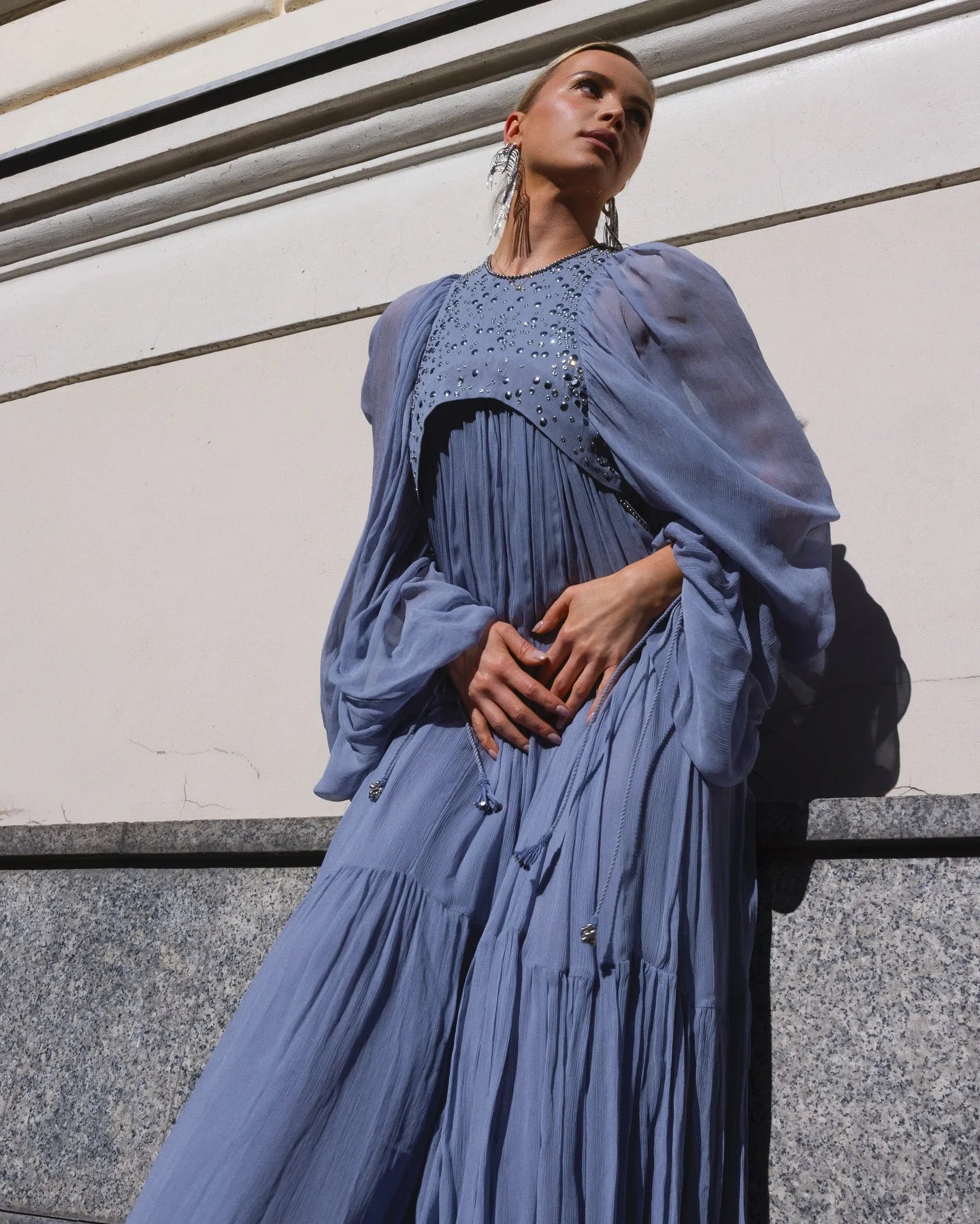 Pleated Puff Sleeve Maxi Dress – V-Neck, A-Line Silhouette
