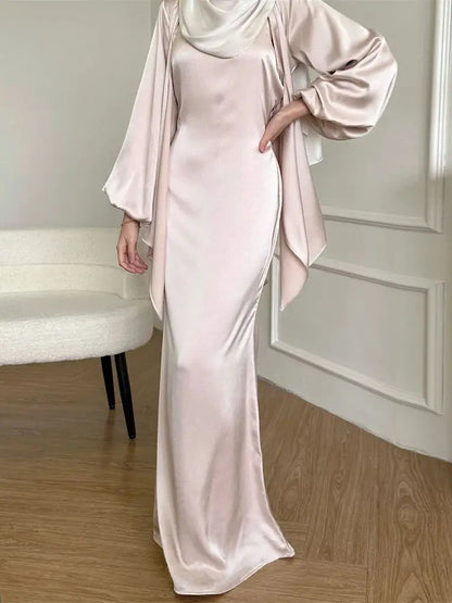 Satin Plain 2-Piece Abaya Set – Elegant Modest Clothing Kaftan Robe