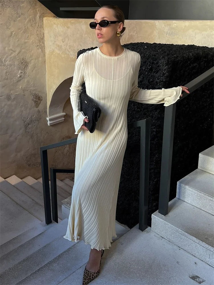 Loose Maxi Dress for Women – Lace-Up High Waist Ribbed Long Sleeve Knit Bandage Dress