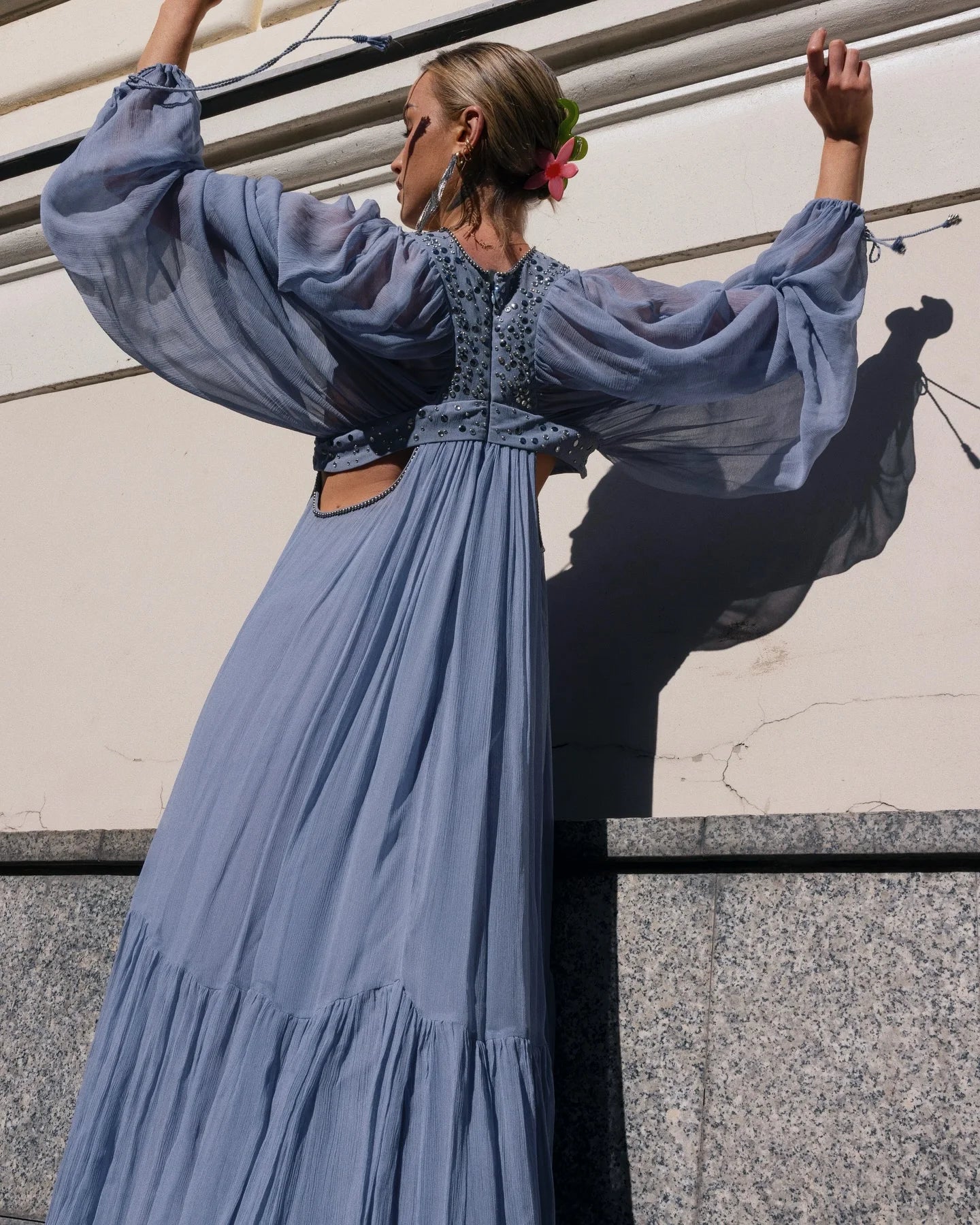 Pleated Puff Sleeve Maxi Dress – V-Neck, A-Line Silhouette