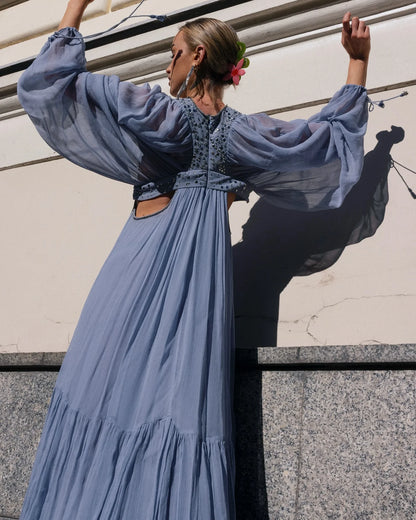Pleated Puff Sleeve Maxi Dress – V-Neck, A-Line Silhouette