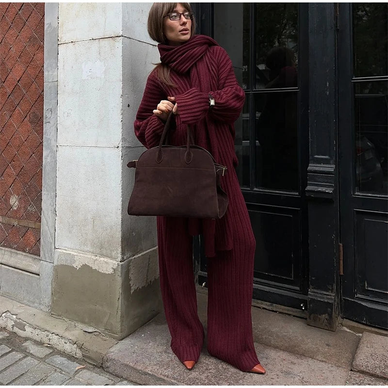Knitted Pants Suit for Women – Scarf Collar Long Sleeve Sweater and Wide Leg Pants Two-Piece Set