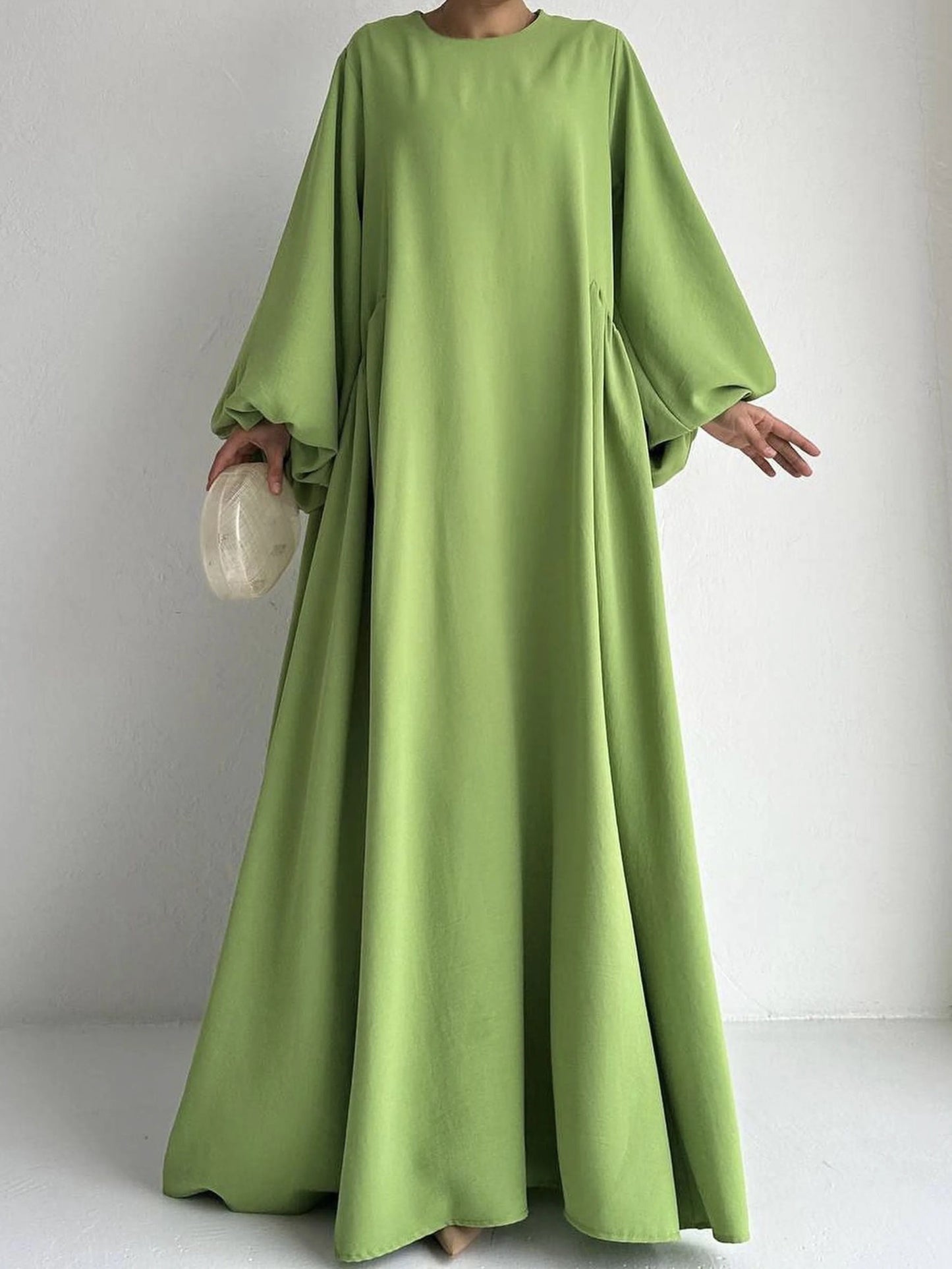 Elegant Solid Bishop Sleeve Abaya Kaftan – Crew Neck Maxi Dress for Women